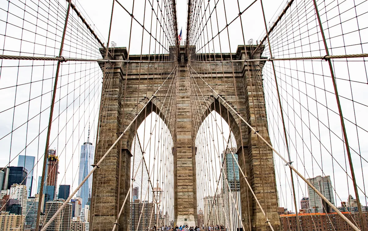 brooklyn bridge, new york, bridge, cable, landmark, structure, city, skyline, skyscraper, building, suspension bridge, brooklyn, manhattan, nyc, united states,